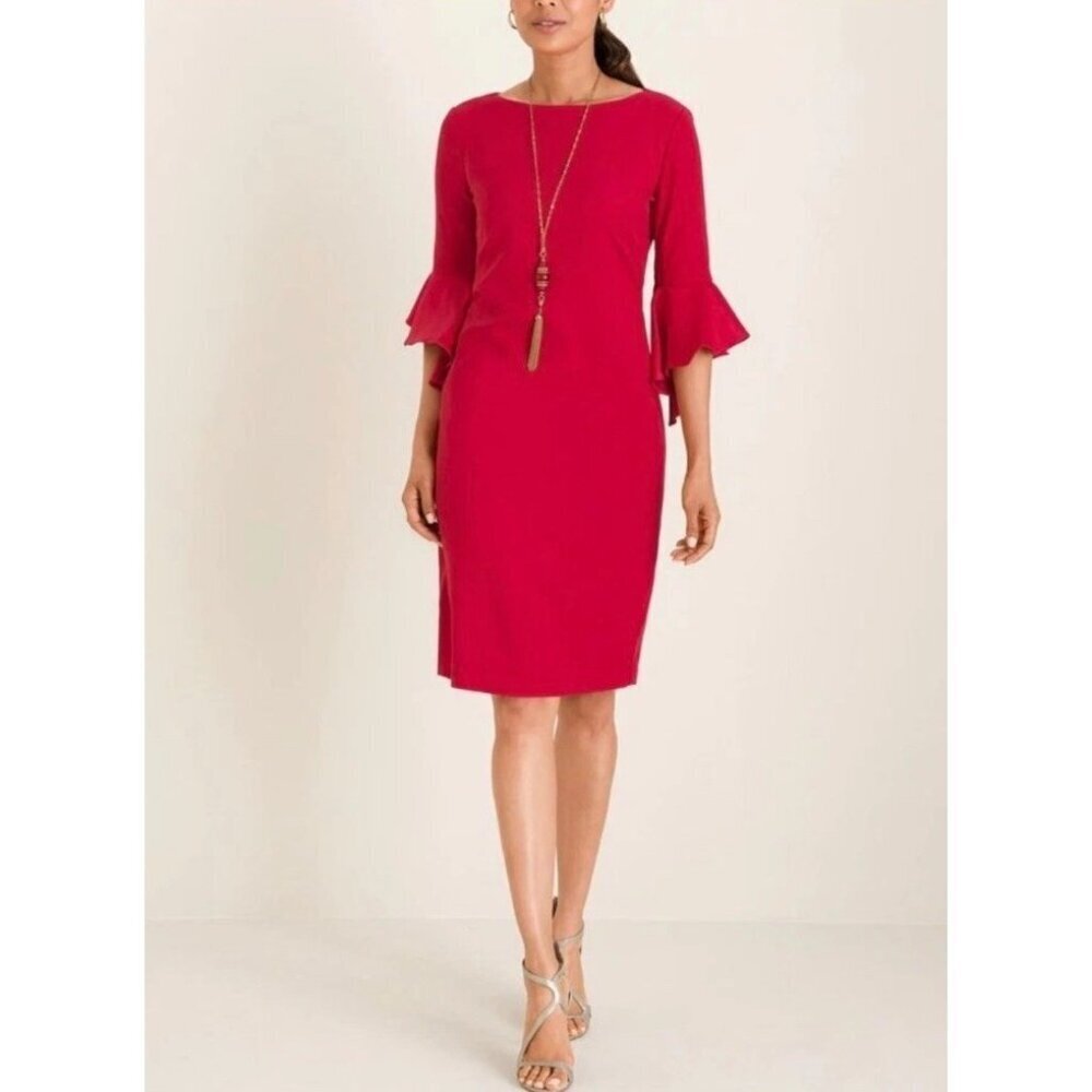 Chico's Ruffle Sleeve Satin Midi Sheath Dress Red Size USA 4 Party NWT